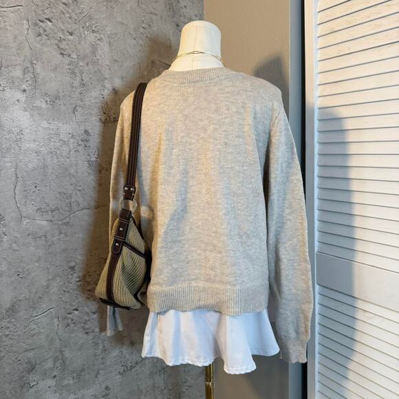 Cream Cable Knit Fall Sweater with Blue Pinstripe Detail - Picture 6 of 8